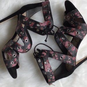 Pink/black floral Sam Edelman heeled sandals sz 10